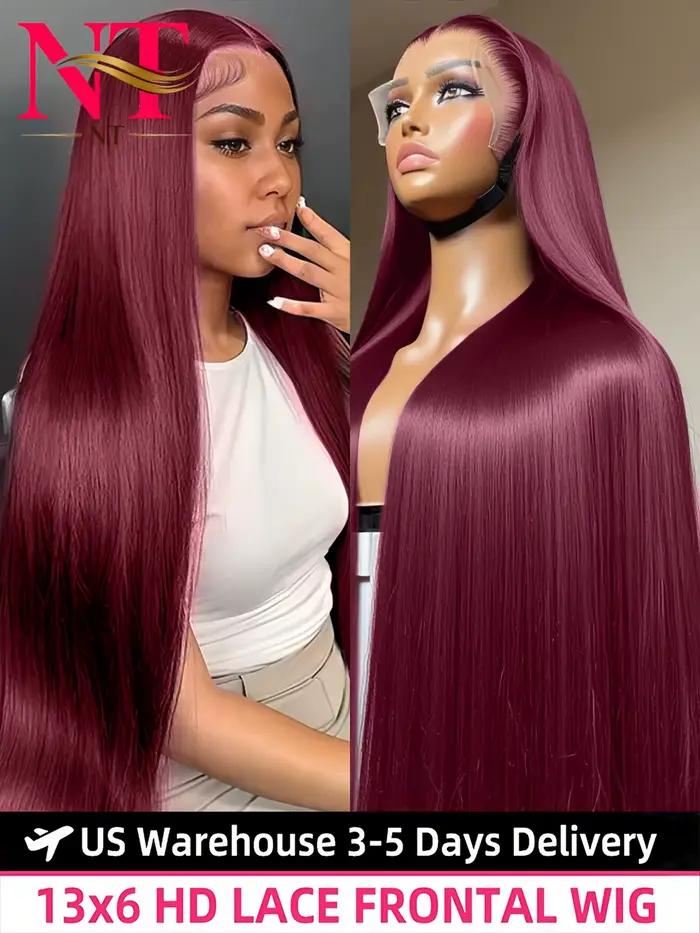 99J rouge bordeaux couleur dentelle frontale perruques de cheveux humains 13X6 HD droite dentelle av