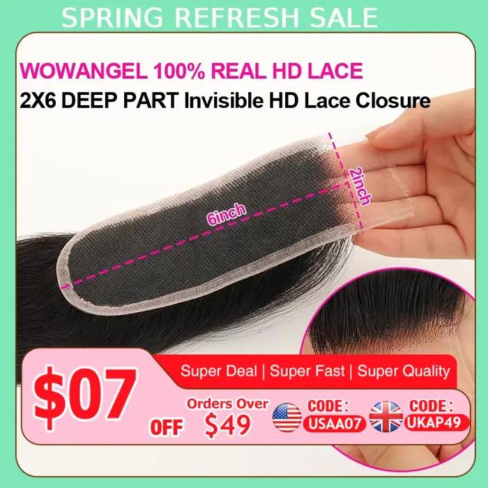 WOWANGEL 2x6 séparation profonde HD dentelle fermeture frontale seulement peau fondu cheveux raides