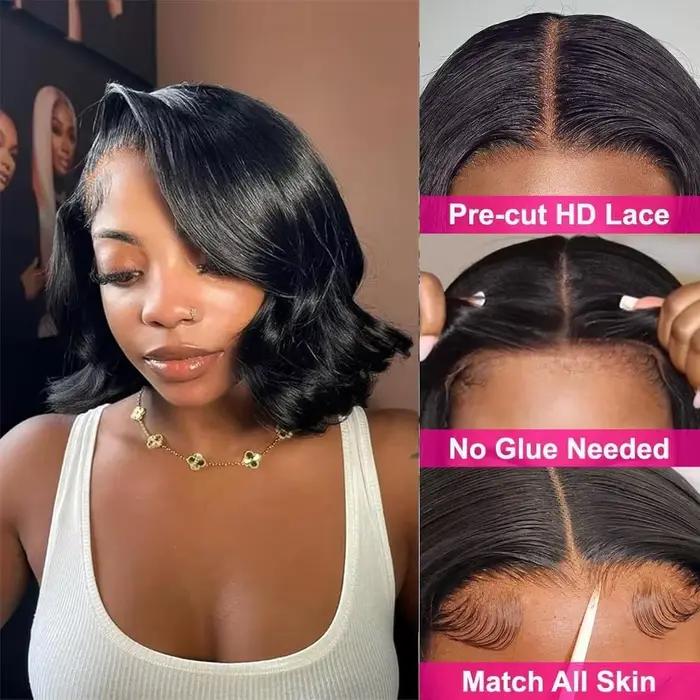Perruques Courtes Bob Sans Colle Cheveux Humains Ondulés 5x5 HD Transparentes Lace Frontal Véritable