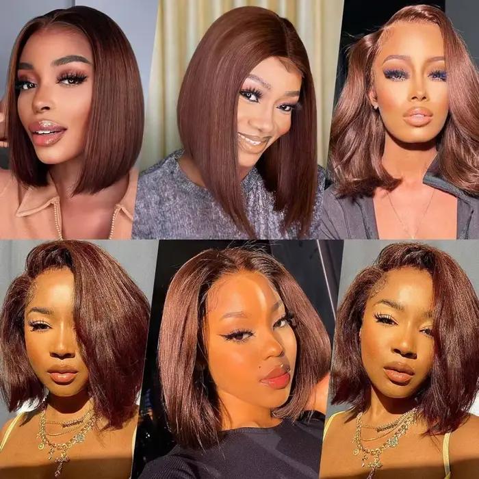 Perruques Bob Courtes Lisses Marron Chocolat 13x4 en Cheveux Humains avec Dentelle Frontale Transpar