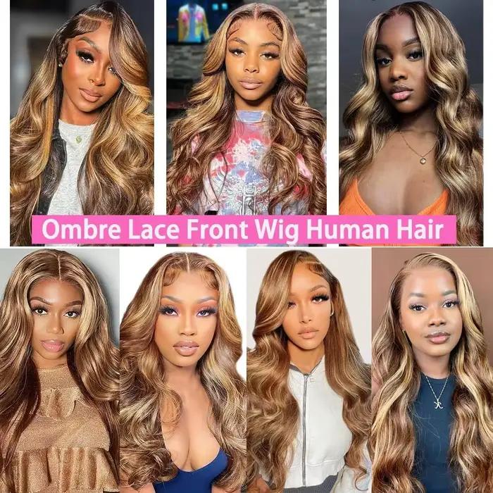Perruque en cheveux humains blond miel avec mèches, ondulée, avec dentelle frontale, en promotion, s
