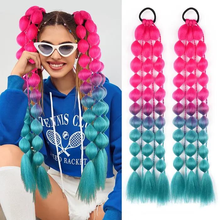 2 extensions de queue de cheval synthétiques à bulles, 20 pouces, légères, colorées, avec élastique
