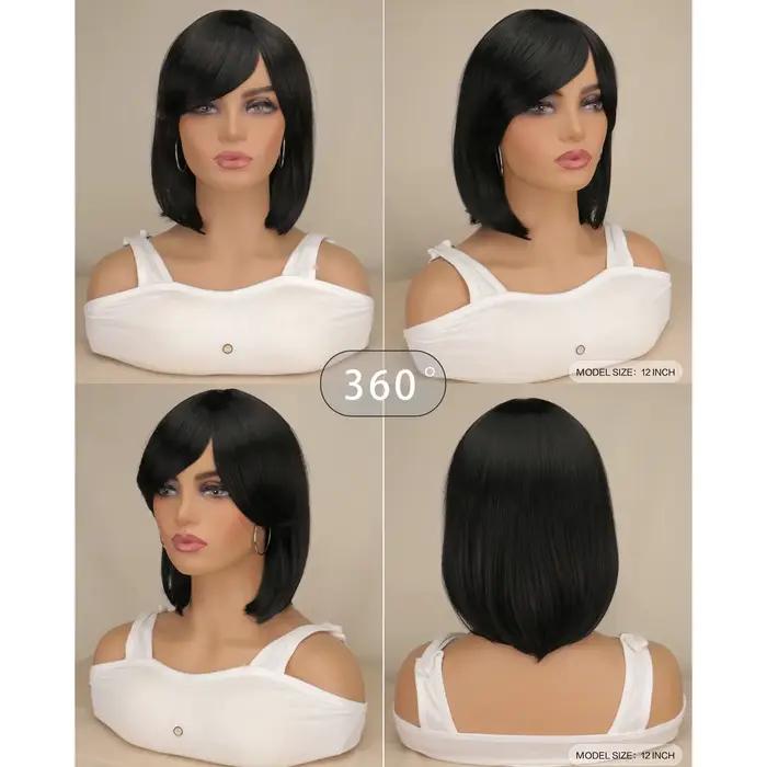 Perruques synthétiques lisses Bob marron foncé avec frange complète, cheveux courts noirs pour femme