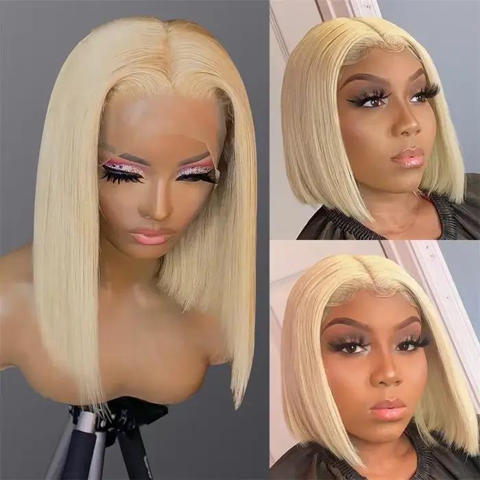 Perruque Bob Lace Frontal Wig naturelle naturelle, cheveux courts et lisses, couleur Blonde 613, 13x