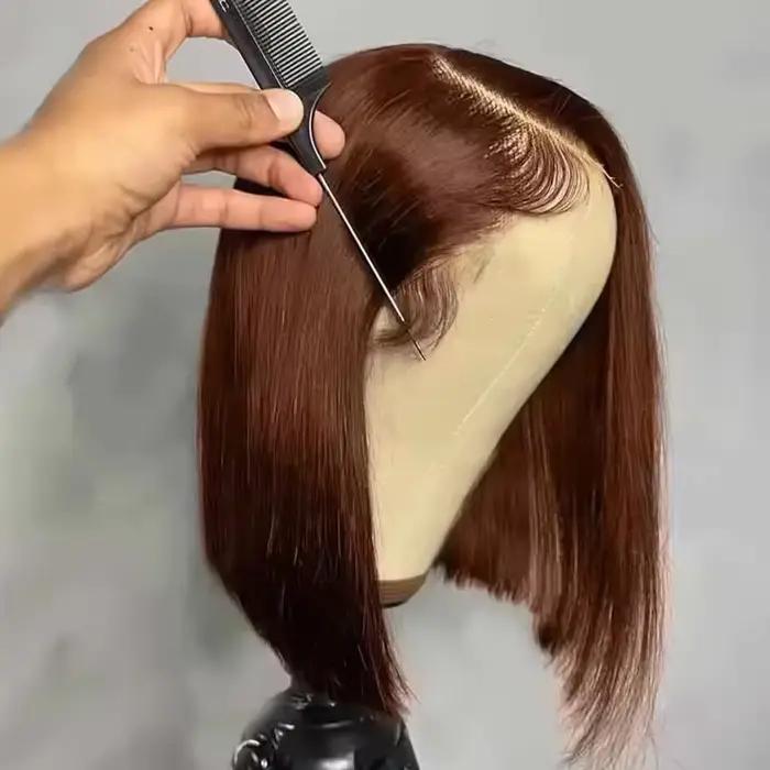 Perruques Bob Courtes Lisses Marron Chocolat 13x4 en Cheveux Humains avec Dentelle Frontale Transpar