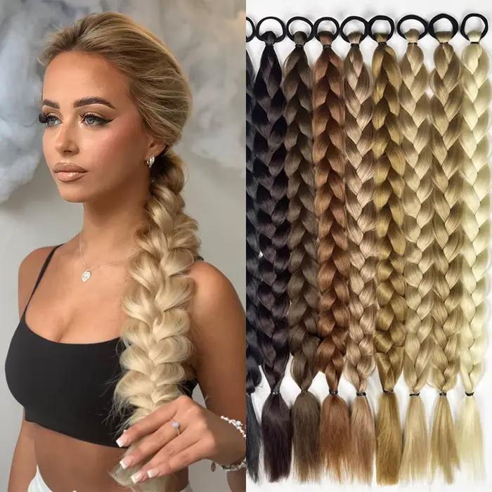 Extensions de queue de cheval tressées synthétiques longues torsadées avec élastique, Extensions de