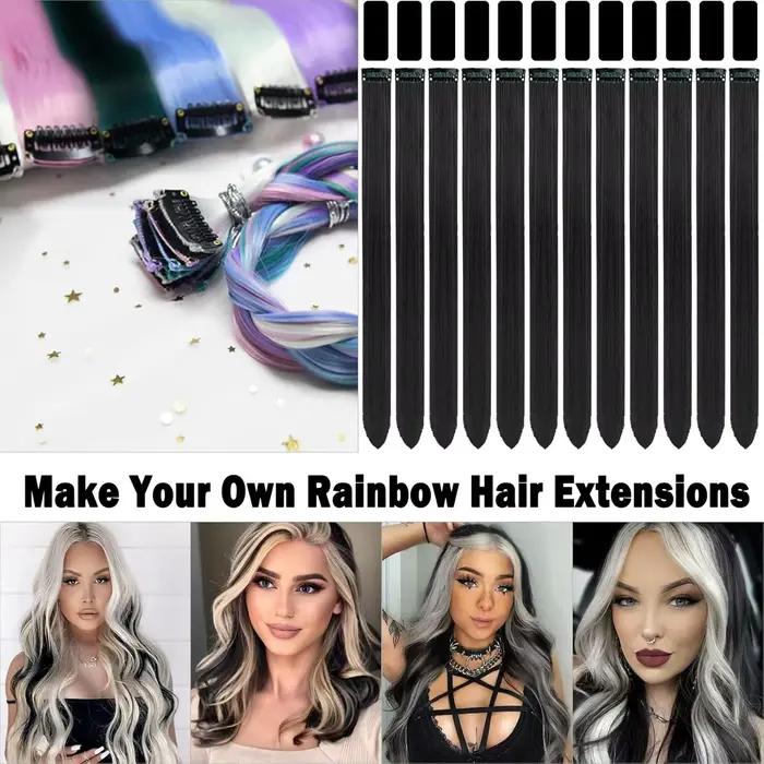 Extensions capillaires synthétiques noires longues et lisses, 12 pièces, postiches colorées à reflet