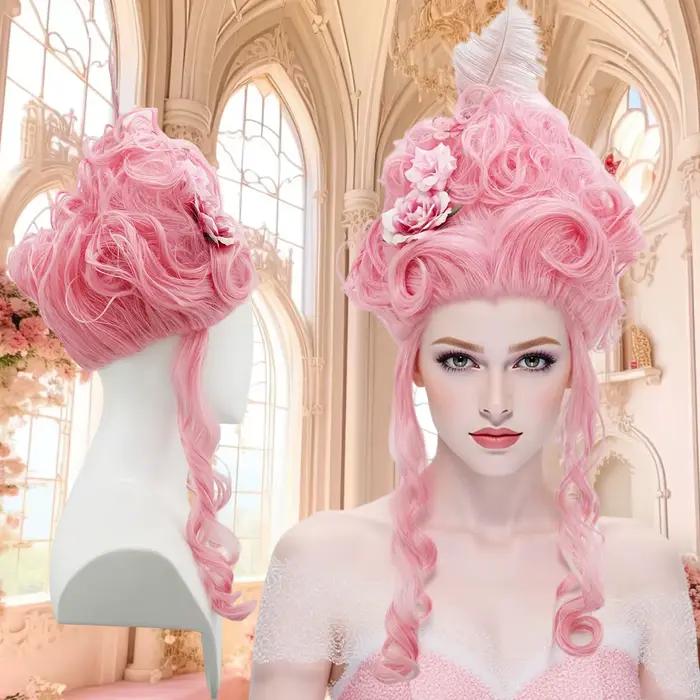 Perruque synthétique rose moelleuse de haute qualité | Coiffure de la reine avec des fleurs de plu