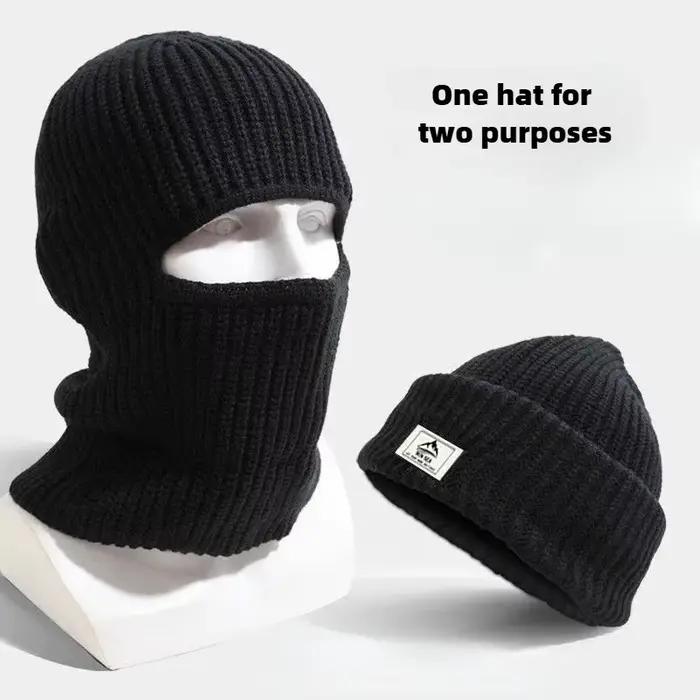 2 in1 hiver masque bonnets chapeaux chaud tricoté cagoule chapeaux coupe-vent solide plein visage Sk