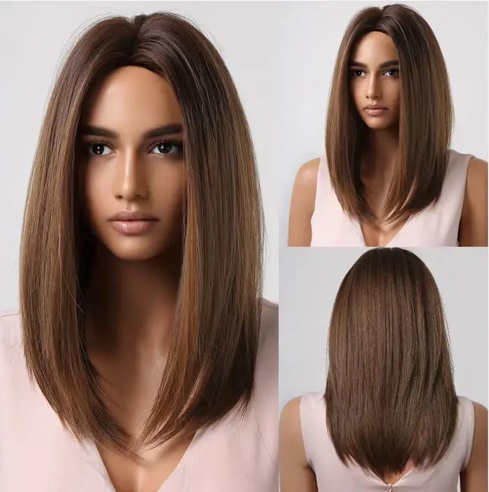 Modiis Ferre-Perruque synthétique courte lisse blonde pour femme, postiche avec racines foncées et d