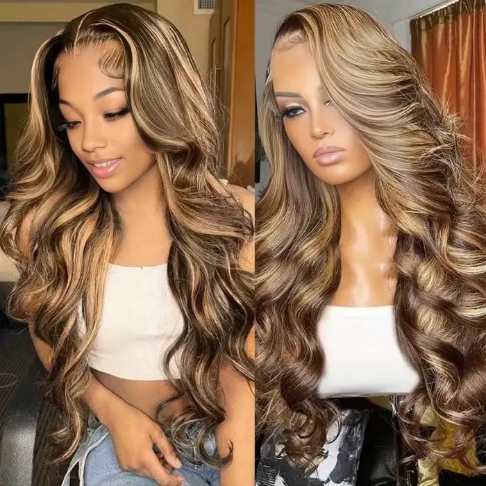Perruques en cheveux humains ondulés Body Wave avec mèches 4/27, perruque frontale HD transparente 1