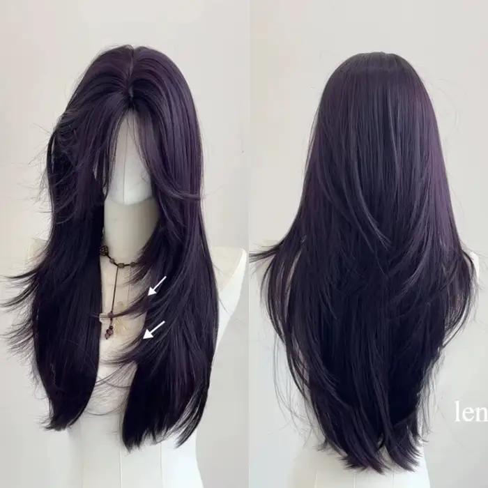 Ashely Perruque violet foncé femme 22 pouces cheveux longs rideau frange couches Nature cheveux raid