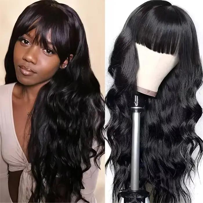 Perruques en cheveux humains ondulés avec frange, entièrement faites à la machine, perruque brésilie