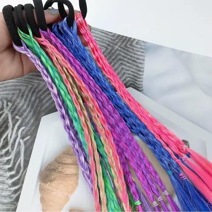 Extensions capillaires synthétiques tressées colorées pour filles, avec bandes en caoutchouc, postic