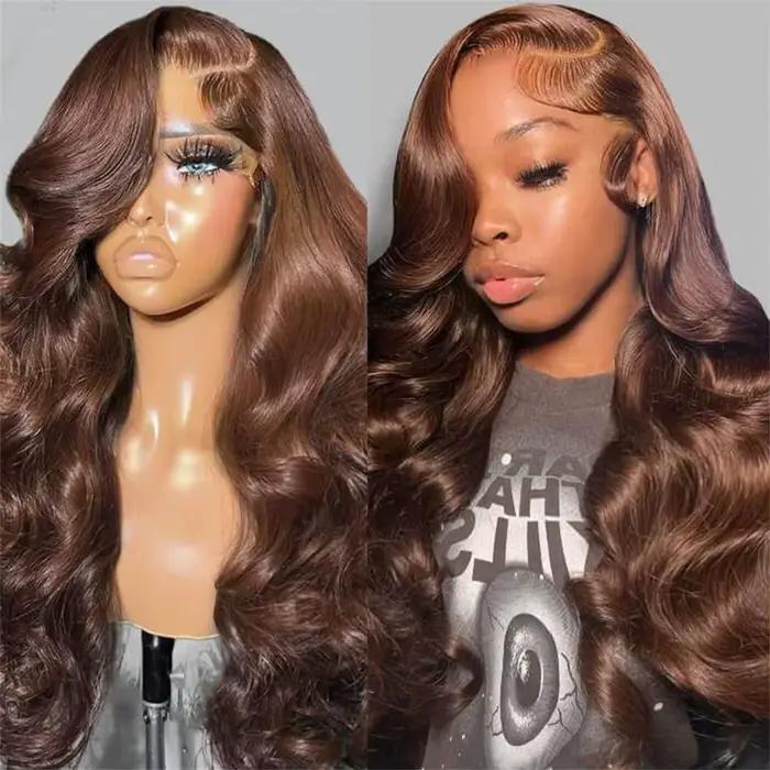 Perruque Lace Front Wig Body Wave naturelle, cheveux naturels, brun chocolat, Transparent HD, 13x6,