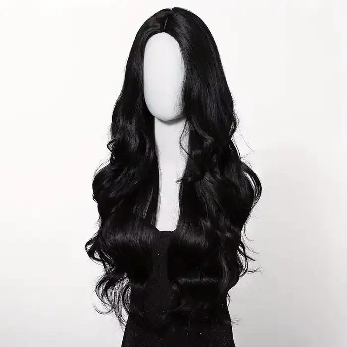 Perruque synthétique noire avec coiffure longue ondulée séparée pour fête, cosplay d'Halloween, usag