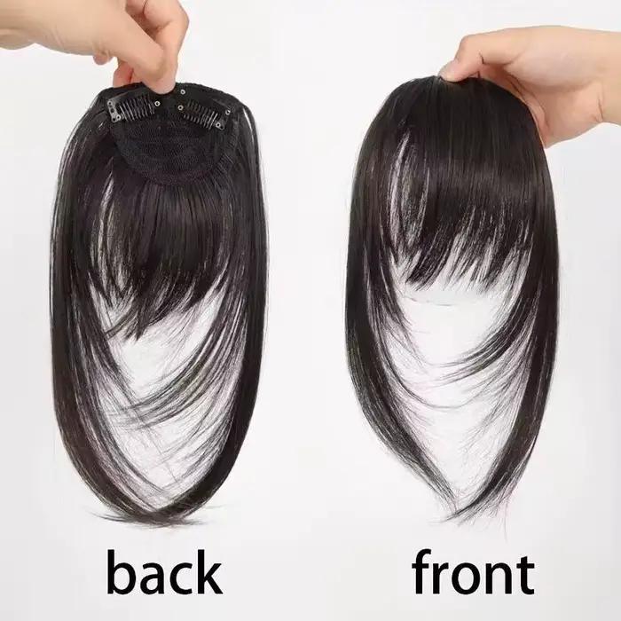 Frange synthétique à clipser, coupe effilée avec pattes de cheveux, brun foncé, aspect naturel pour