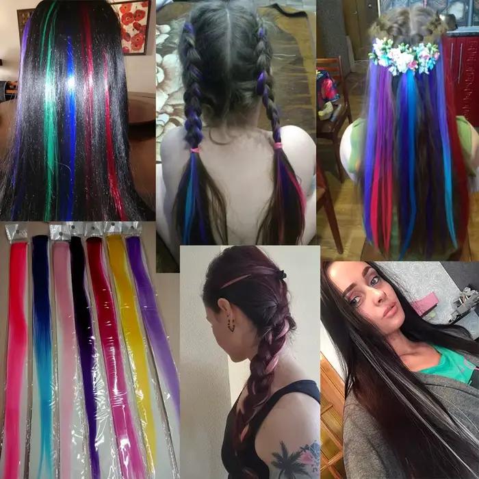 Extensions capillaires synthétiques arc-en-ciel à reflets, postiche à Clip coloré ombré, mèches colo