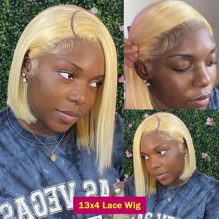 Perruque Bob Lace Frontal Wig naturelle naturelle, cheveux courts et lisses, couleur Blonde 613, 13x