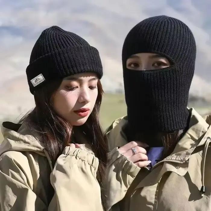 2 in1 hiver masque bonnets chapeaux chaud tricoté cagoule chapeaux coupe-vent solide plein visage Sk