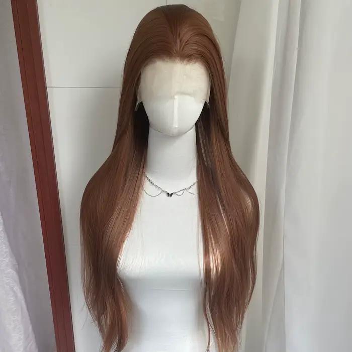 Perruque Lace Front Wig synthétique lisse et longue, brun miel, 13x4, 26 pouces, sans colle, nouée à