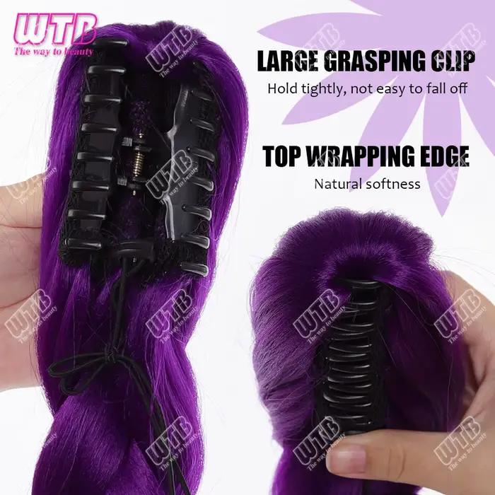 Perruque synthétique tressée violette de 70 cm, style à clipser, avec cordon de serrage, adaptée aux