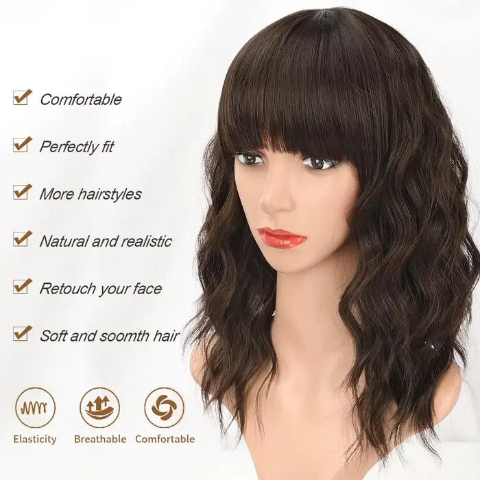 Perruque Synthétique Bouclée et Ondulée avec Frange pour Femme, Cheveux Bruns Naturels