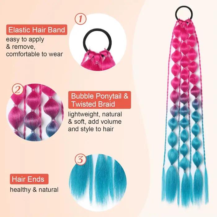 2 extensions de queue de cheval synthétiques à bulles, 20 pouces, légères, colorées, avec élastique