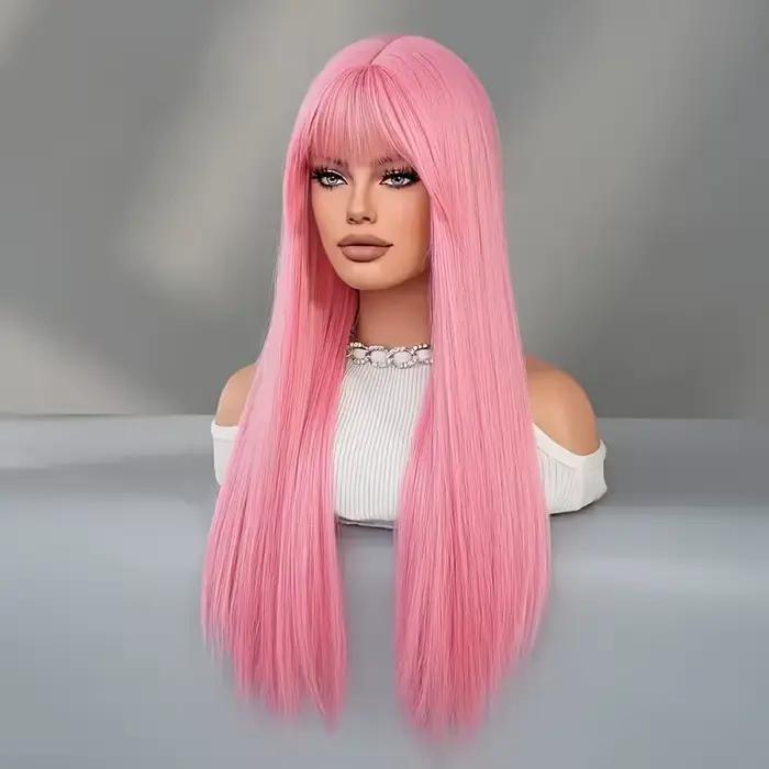 Perruque synthétique rose longue et droite pour Halloween, cosplay, jeux de rôle et fêtes quotidienn