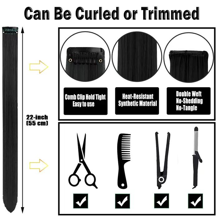 Extensions capillaires synthétiques noires longues et lisses, 12 pièces, postiches colorées à reflet