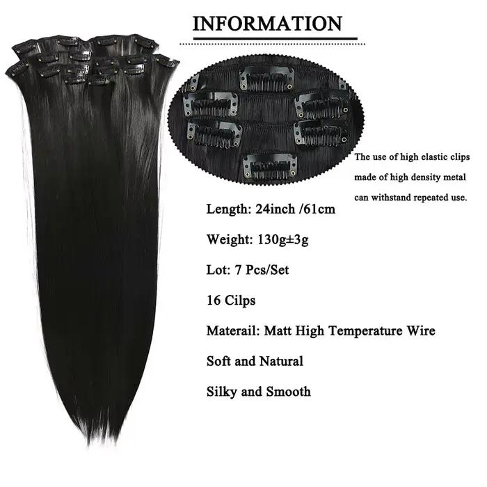 Extensions de cheveux synthétiques longues et lisses à clips, 24 pouces, 16 clips, 7 pièces/ensemble