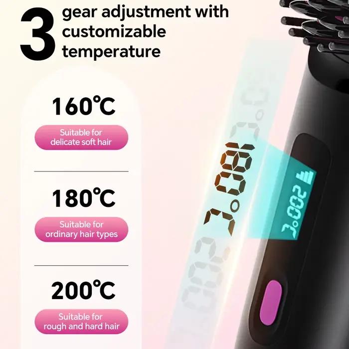 Brosse à lisser les cheveux Rechargeable, peigne ionique à lisser les cheveux, 3 réglages et afficha