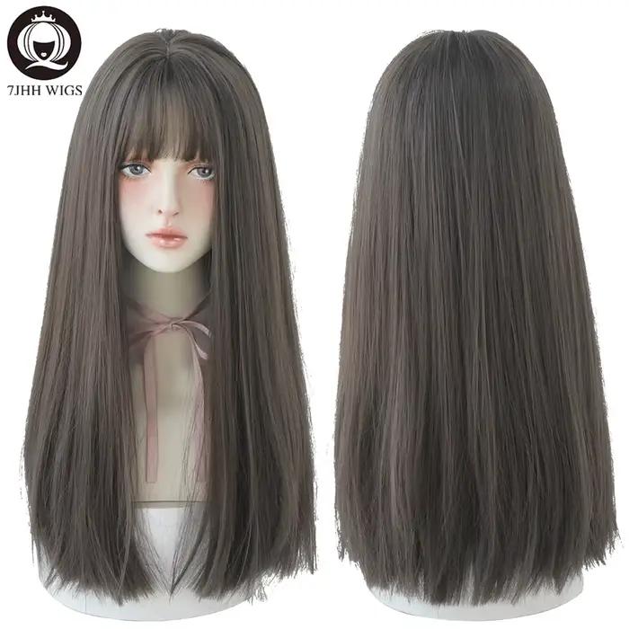 7JHHWIGS – perruques synthétiques longues et lisses marron clair avec frange pour femmes, résistante