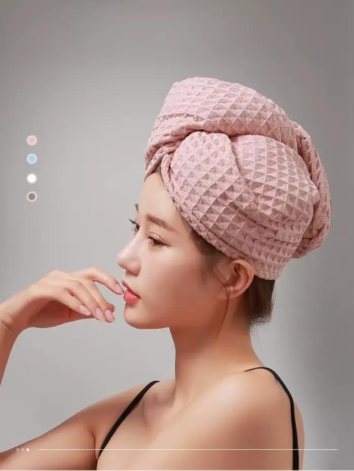 Serviette à cheveux rose gaufrée super absorbante, séchage rapide, couleur unie, style simple, pour