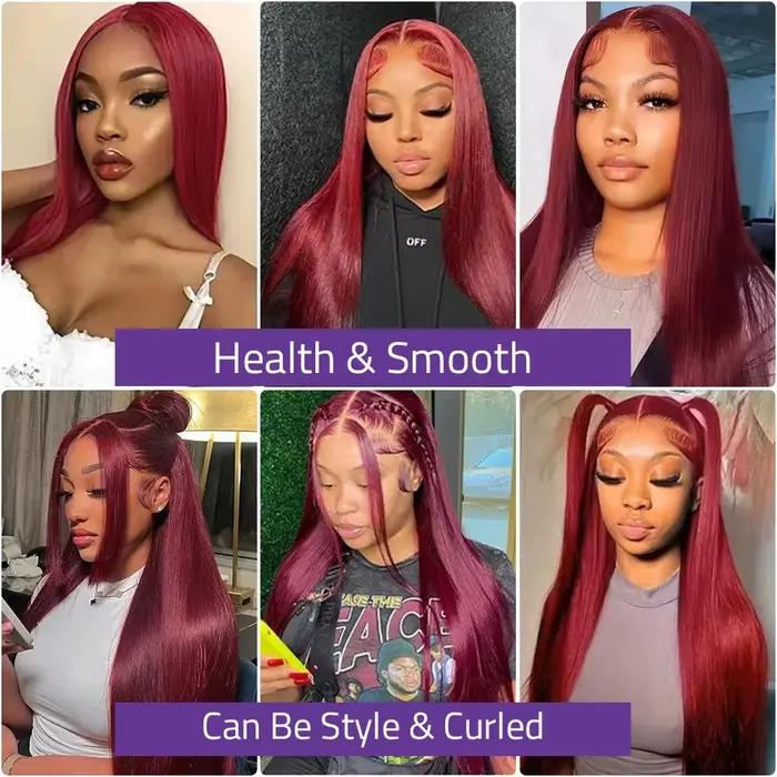 99J rouge bordeaux couleur dentelle frontale perruques de cheveux humains 13X6 HD droite dentelle av