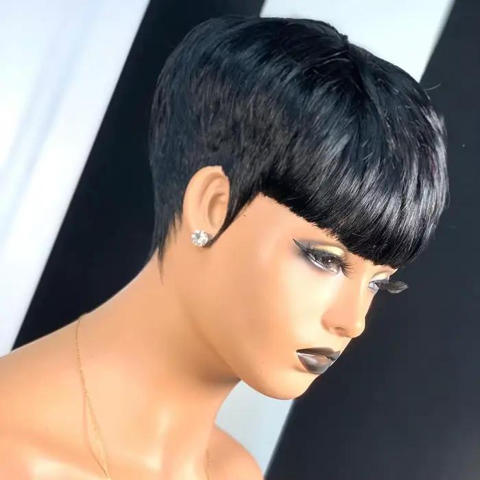 Perruques de cheveux courts, perruques coupe lutin, perruques courtes droites noires pour dames perr