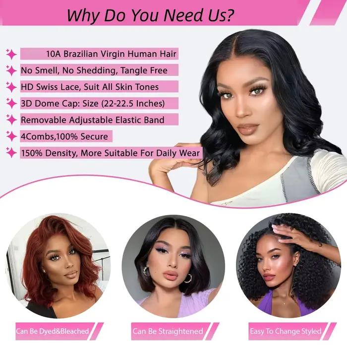 Perruques Courtes Bob Sans Colle Cheveux Humains Ondulés 5x5 HD Transparentes Lace Frontal Véritable