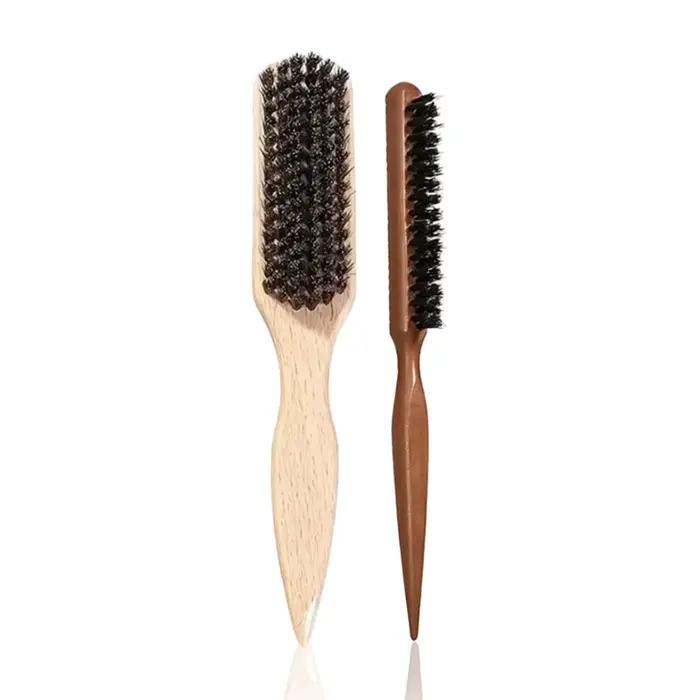Lot de 2 brosses à cheveux en poils de sanglier avec manche en bois pour coiffure et contrôle des bo