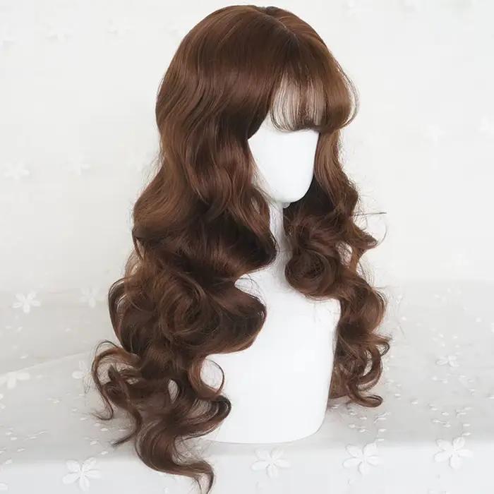 Perruque synthétique longue ondulée marron avec frange pour femmes, perruque de Cosplay Lolita moell