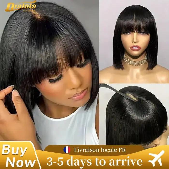 3X1 Middle Part Lace Wig Bob Wigs Full Machine Made Bone Straight Human Hair Wigs With Bangs Short B