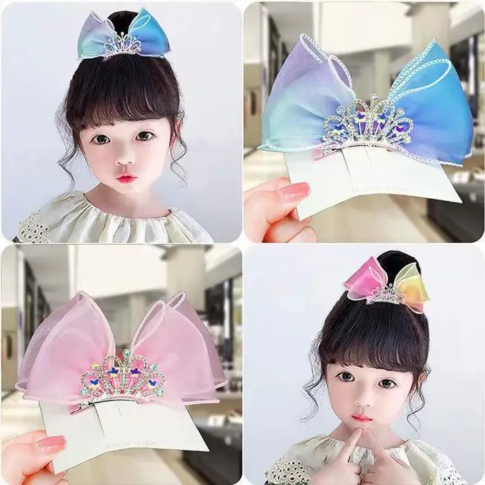 Nœuds de cheveux arc-en-ciel Pastel, dégradé de couleur, couronne de princesse, épingle à cheveux su
