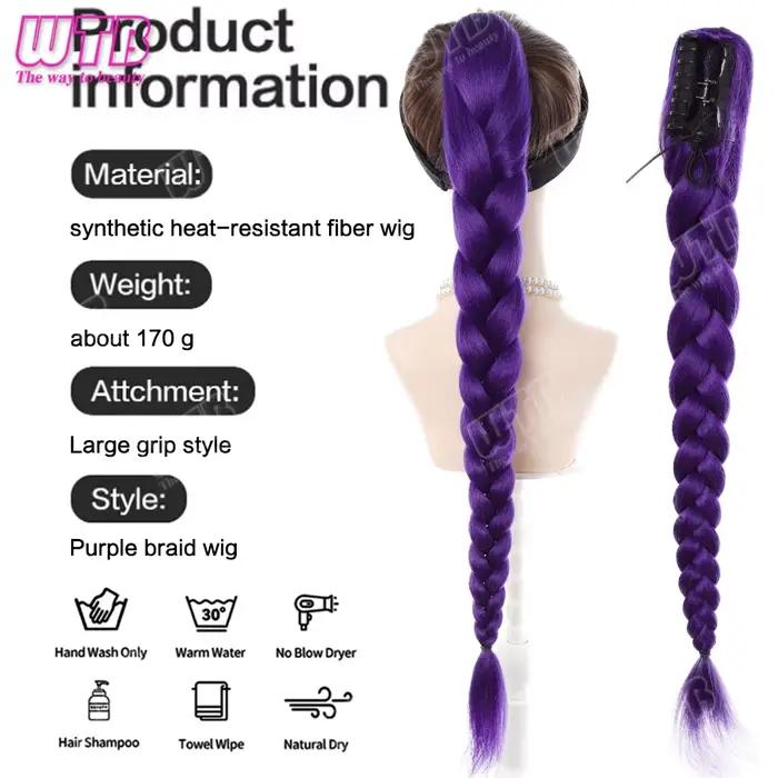 Perruque synthétique tressée violette de 70 cm, style à clipser, avec cordon de serrage, adaptée aux