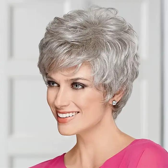 HAIRJOY cheveux synthétiques femmes perruques courtes classiques couches perruque grise bouclée