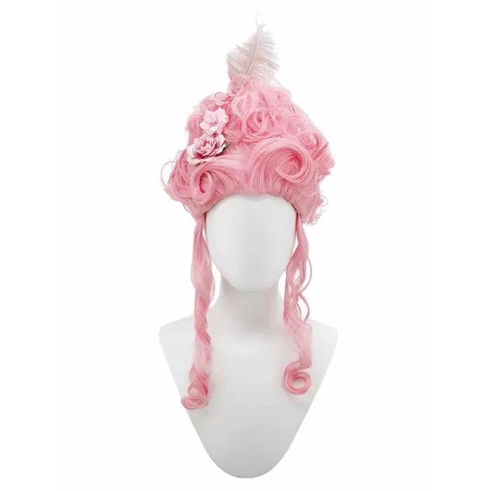 Perruque synthétique rose moelleuse de haute qualité | Coiffure de la reine avec des fleurs de plu