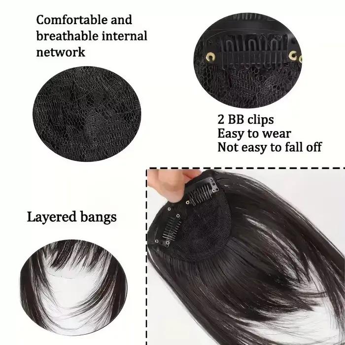 Frange synthétique à clipser, coupe effilée avec pattes de cheveux, brun foncé, aspect naturel pour