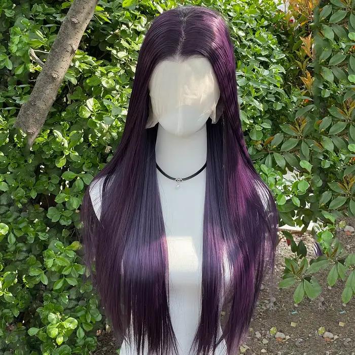 Perruque Lace Front Wig synthétique violet foncé 13x4, perruque Lace Front Wig longue et lisse de 26