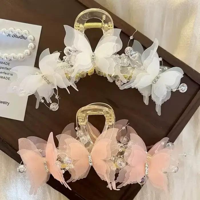 Pince à griffes papillon transparente bleu clair/rose | Pince à cheveux Fairycore en perles et str