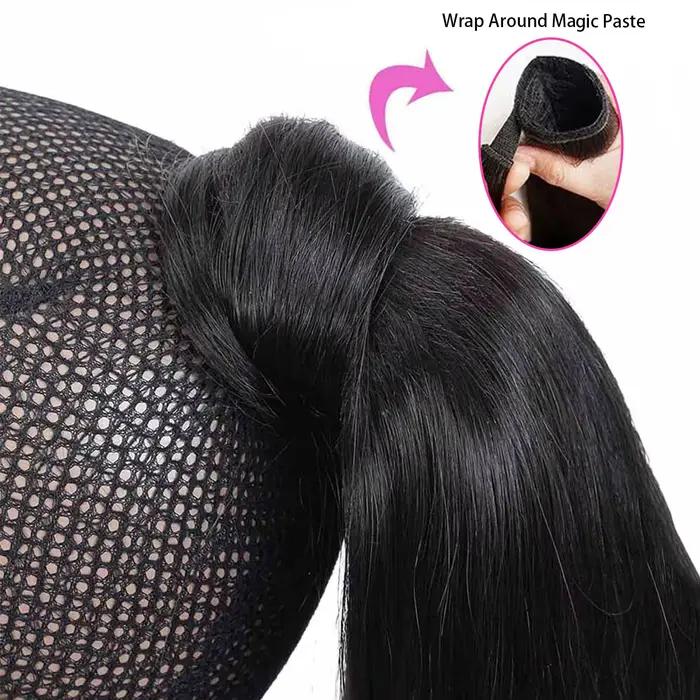 Vague d'eau enrouler autour de queue de cheval Extensions de cheveux humains réel vierge cheveux hum
