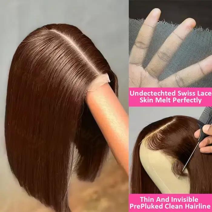 Perruques Bob Courtes Lisses Marron Chocolat 13x4 en Cheveux Humains avec Dentelle Frontale Transpar
