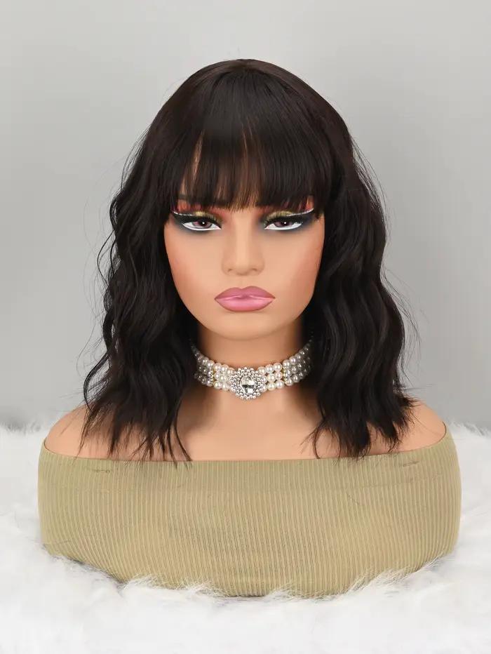 Perruque Bob ondulée bouclée synthétique marron naturel avec frange pour femme